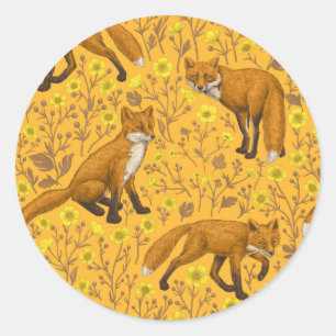 Sticker Rond Renards et papillons sur orange