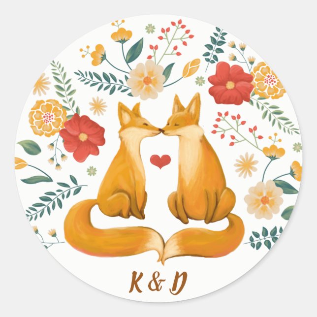 Sticker Rond Renards romantiques et Mariage de feuillage floral (Devant)