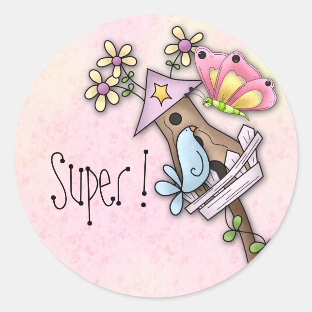 Sticker Rond Rencontre des papillons et des oiseaux à la maison (Devant)