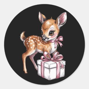 Sticker Rond Renne Rétro Vintage Rose Noël Bébé Cerf 