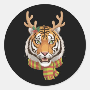 Sticker Rond Renne Tigre Noël Animal Avec Bois Xmas 