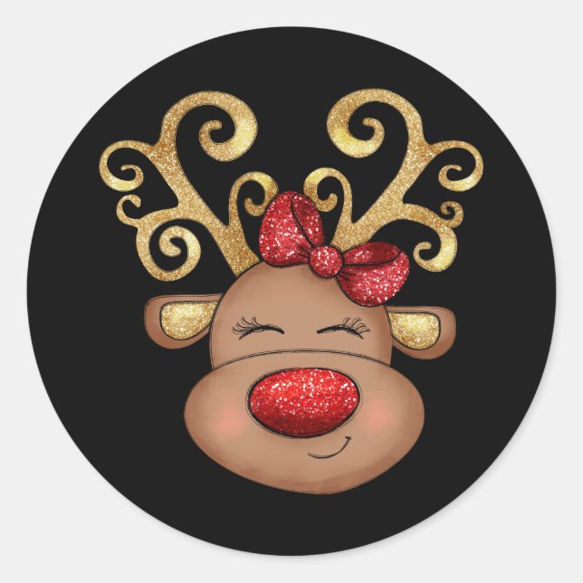 Sticker Rond Rennes de Noël visage mignon or rouge noir (Devant)