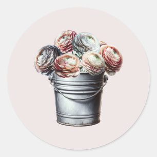 Sticker Rond Renoncule dans un seau en fer blanc Rustique Glam
