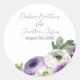 Sticker Rond Renoncule violette et blanche à l'aquarelle romant