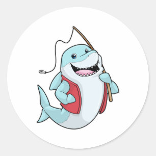 Sticker Rond Requin à la pêche avec canne à pêche