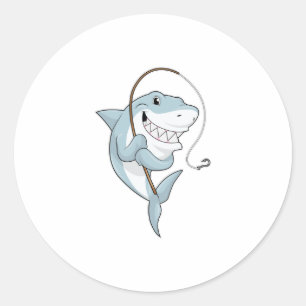 Sticker Rond Requin comme pêcheur avec canne à pêche