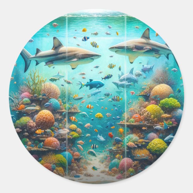 Sticker Rond Requins et poissons Aquatic Aquarium Mariage (Devant)