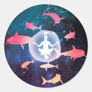 Sticker Rond Requins spatiaux et art de la méditation