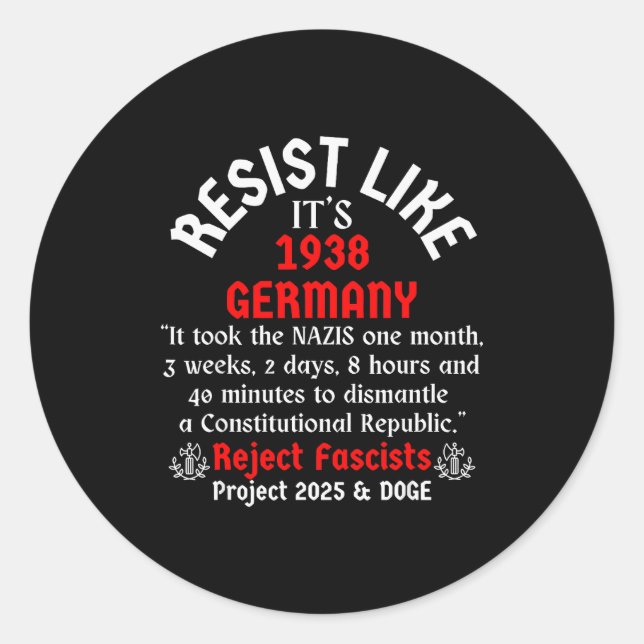 Sticker Rond Resist Like It's 1938 Germany  (Devant)
