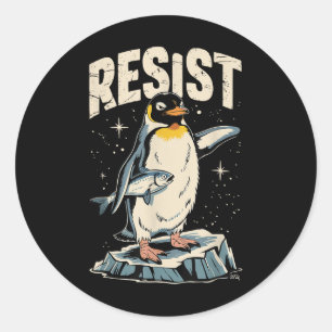 Sticker Rond Résister Penguin tenir des poissons drôle protesta