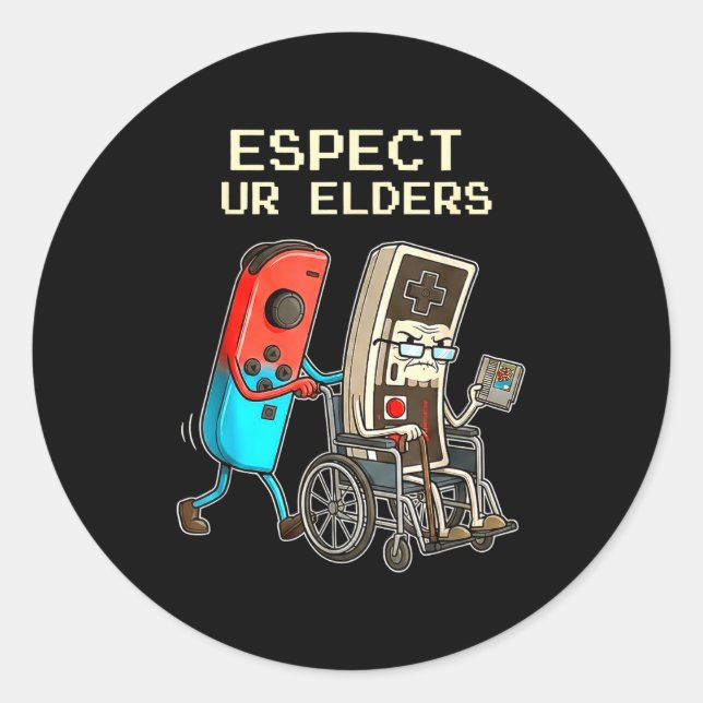 Sticker Rond Respect Ur Elders Retro Gaming Controller Funny  (Devant)