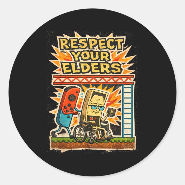 Sticker Rond Respect Your Elders Funny Gamer Controller 80s Ret (Devant)