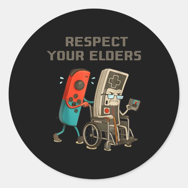 Sticker Rond Respect Your Elders Funny Retro Gaming Clic Consol (Devant)
