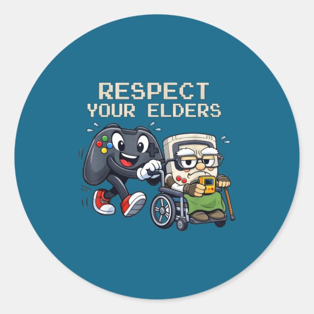 Sticker Rond Respect Your Elders Gaming Control Retro Funny Gam (Devant)