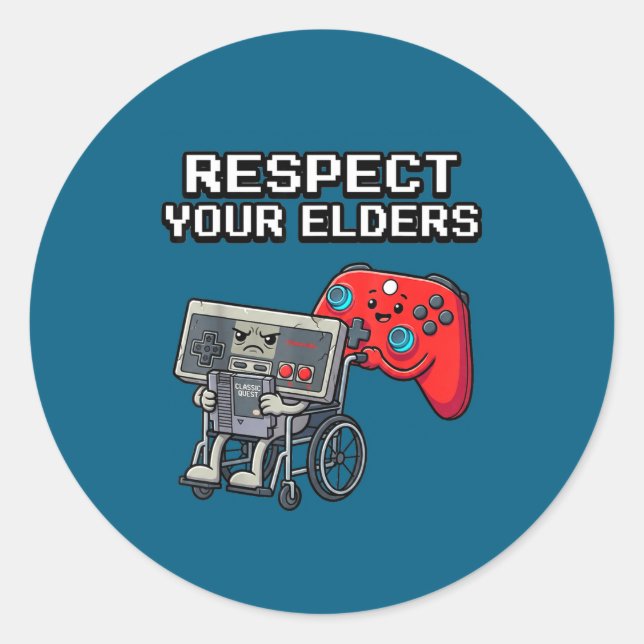 Sticker Rond Respect Your Elders Retro Gaming Funny Gamer Contr (Devant)
