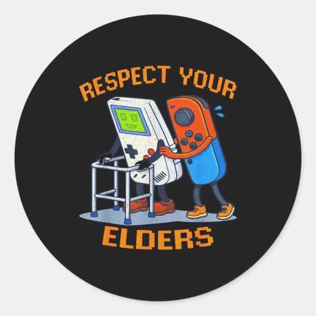 Sticker Rond Respect Your Elders Retro Gaming Funny Gamer Contr (Devant)