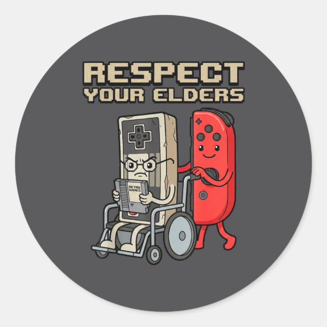 Sticker Rond Respect Your Elders Retro Gaming Funny Gamer Contr (Devant)
