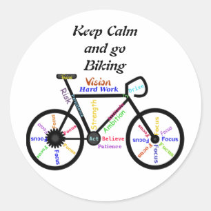 Sticker Rond Restez calme et partez à vélo, avec des mots motiv