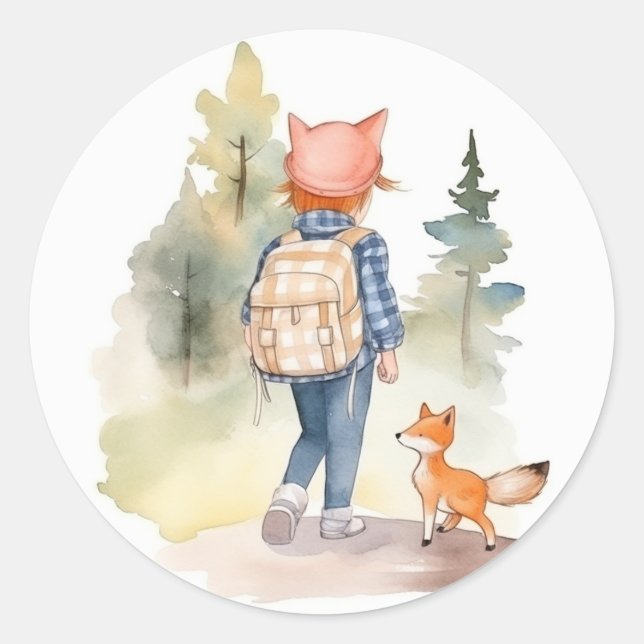 Sticker Rond Retour à l'autocollant scolaire Fille portant sac  (Devant)