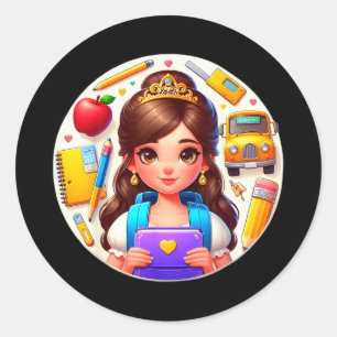 Sticker Rond Retour à l'école jolies princesses filles étudiant
