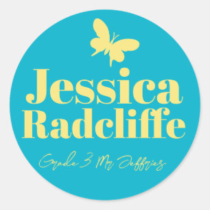 Sticker Rond Retour à l'école papillon jaune aqua nom id
