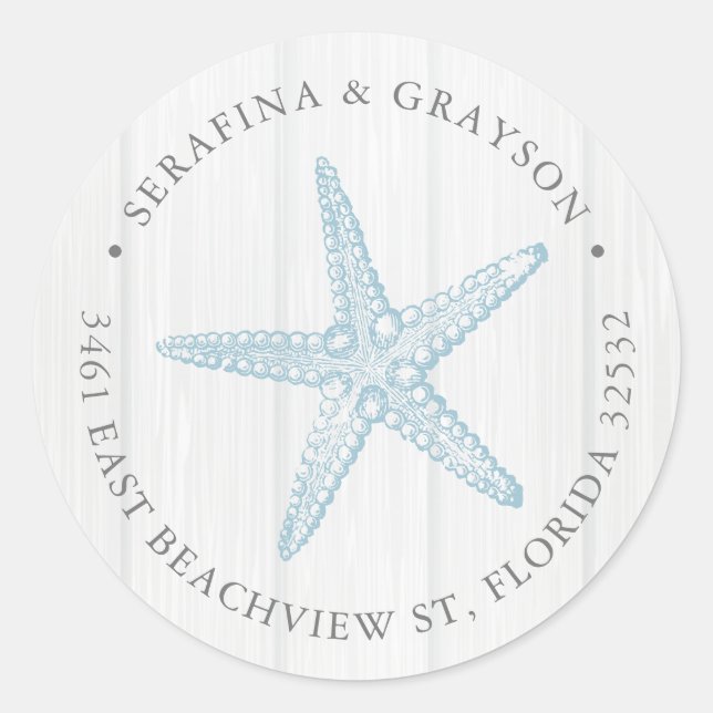 Sticker Rond Retour Adresse Blue Starfish Rustic Beach Mariage (Devant)