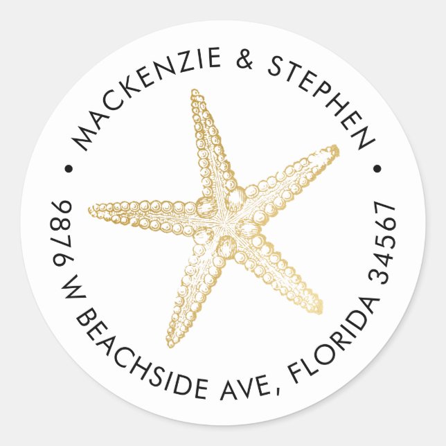 Sticker Rond Retour Adresse Modern Gold Starfish Beach Mariage (Devant)