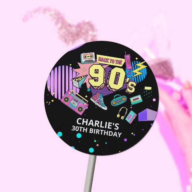 Sticker Rond Retour aux années 90 Moderne Retro Neon 30e annive (Créateur téléchargé)