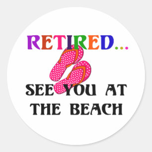 Sticker Rond Retraité - Voir à la plage, tongs roses