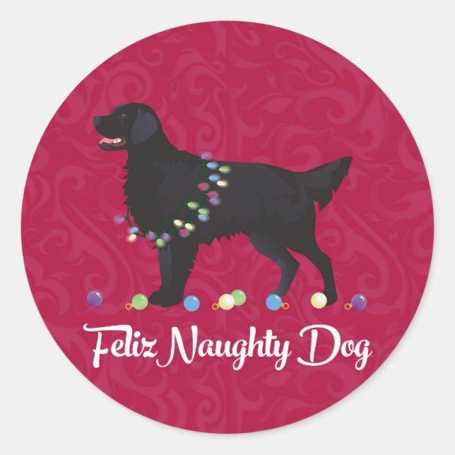 Sticker Rond Retriever noir plat Feliz Naughty Chien (Devant)