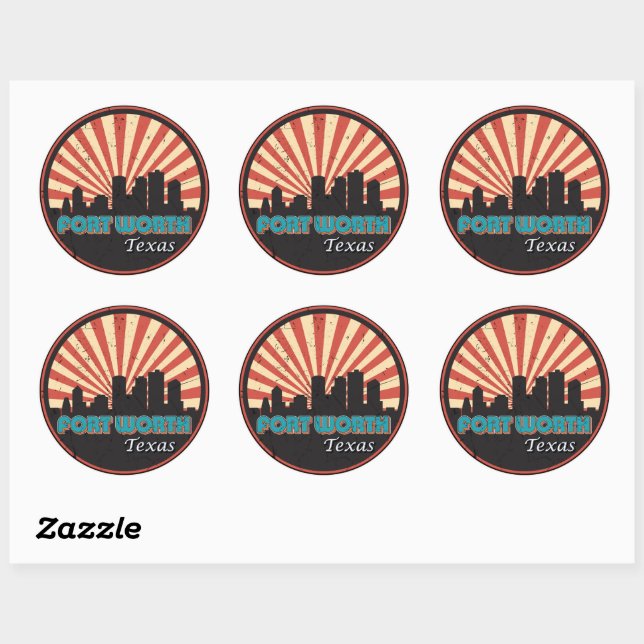 Sticker Rond Retro 1970 Fort Worth Texas City State Skyline (Feuille)