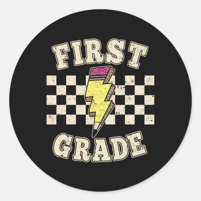 Sticker Rond Retro 1st First Grade Teacher Lightning Bolt Penci (Devant)