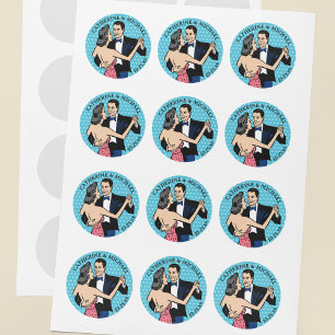 Sticker Rond Retro 70's Pop Art Comic Livre Mariage romantique