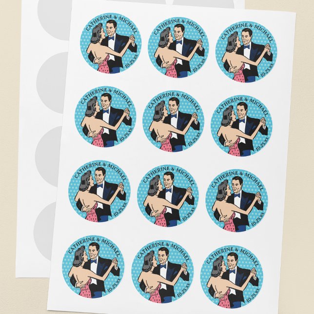 Sticker Rond Retro 70's Pop Art Comic Livre Mariage romantique (Créateur téléchargé)