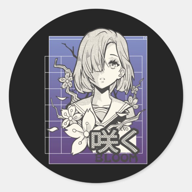 Sticker Rond Retro Anime Girl Otaku Manga Ado comique Japonais (Devant)