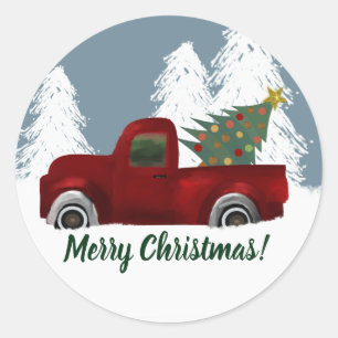 Sticker Rond Rétro arbre vintage rouge de camion et de Noël