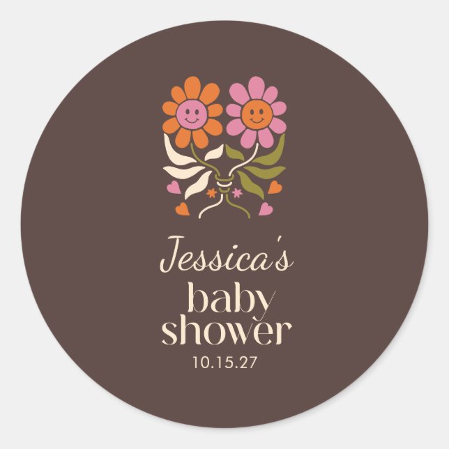 Sticker Rond Retro Boho Brown Fleur Baby shower Super Personnal (Devant)
