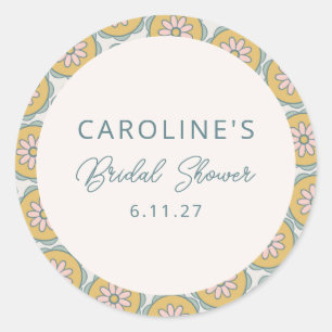 Sticker Rond Rétro Boho Floral Jaune Mariage Personnalisé Brida
