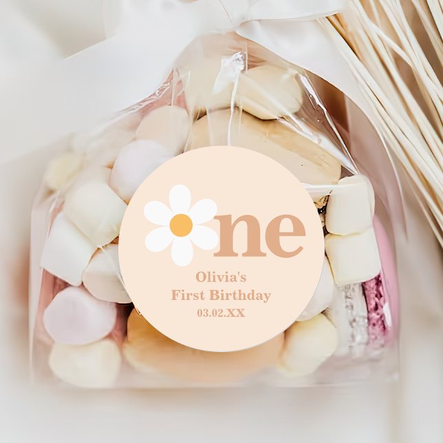 Sticker Rond Retro Boho One Daisy Premier anniversaire (Créateur téléchargé)