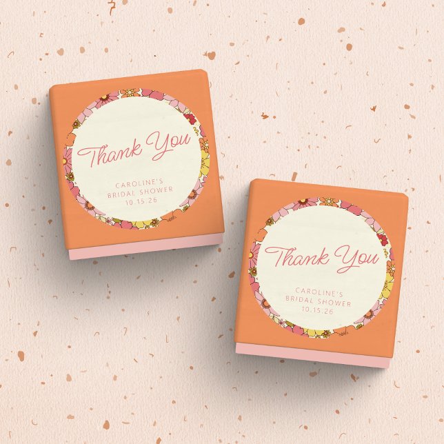 Sticker Rond Retro Boho Pink Yellow Floral Custom Bridal Shower (Créateur téléchargé)