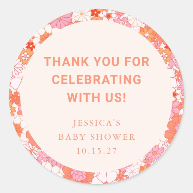 Sticker Rond Retro Boho rose Floral Baby shower personnalisé Me (Devant)