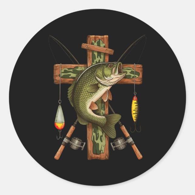 Sticker Rond Retro Camo Cross Fishing Rod Hook B Christian Fish (Devant)