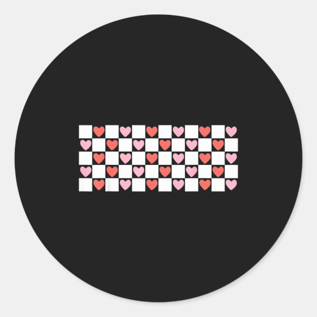 Sticker Rond Retro Checkered Red And Nk Hearts Valentines Day  (Devant)