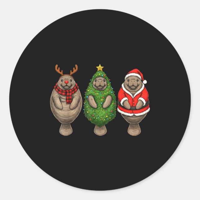 Sticker Rond Retro Christmas Manatee Santa Reindeer  (Devant)