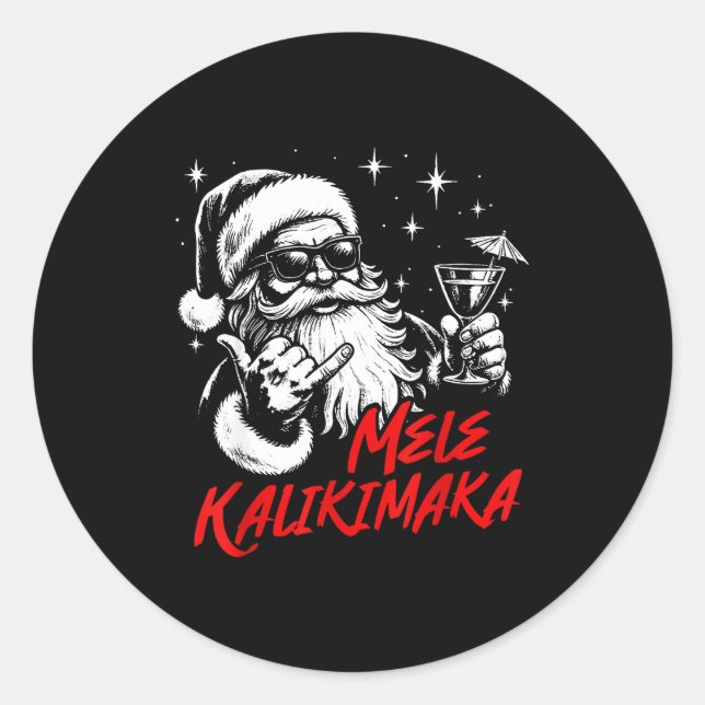 Sticker Rond Retro Christmas Mele Kalikimaka Santa Shaka Hawaii (Devant)