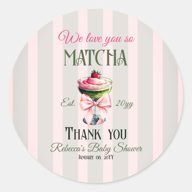 Sticker Rond Retro Club Pink Bow Love You Matcha Baby shower (Devant)