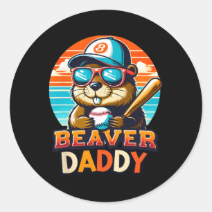 Sticker Rond Retro Cute Beaver Daddy Baseball Animal Vintage Sp
