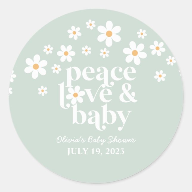 Sticker Rond Retro Daisy boho Peace Love Baby shower (Devant)