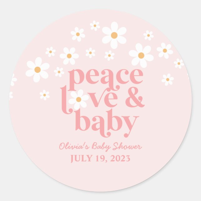 Sticker Rond Retro Daisy Boho rose Peace Love Baby shower (Devant)