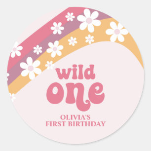 Sticker Rond Retro Daisy Boho Wild One Rainbow Classic Round St